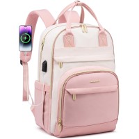 LOVEVOOK Laptop Backpack 15.6 Inch With USB Charging Port - Beige & Pink