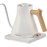 INSTASTING Electric Professional Gooseneck Kettle 0.65mm Ultra-Fine Sprout (0.9L/30oz) - Auto Shut-Off, Boil Dry Protection - Matte White w/ Brown Wood Handle 