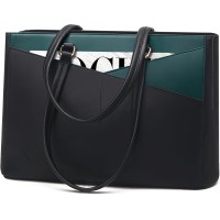 LOVEVOOK 15.6 Inch Waterproof Leather Laptop Tote Bag / Briefcase - Black & Dark Turquoise Green