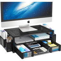 Two Tier Metal Monitor Stand/Riser & Computer Desk Organizer with Drawer 