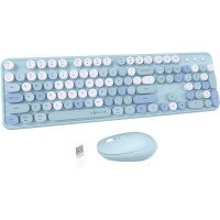 Ubotie Colorful Typewriter Style Wireless Mouse & Keyboard Combo - Pastel Blue & White 