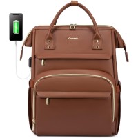 LOVEVOOK Laptop Leather Backpack 15.6 Inch With USB Charging Port - Brown