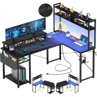 AHEAPLUS Compact L-Shaped Gaming Desk with LED Lights & Power Outlets - Monitor Stand & Storage Shelf - Black