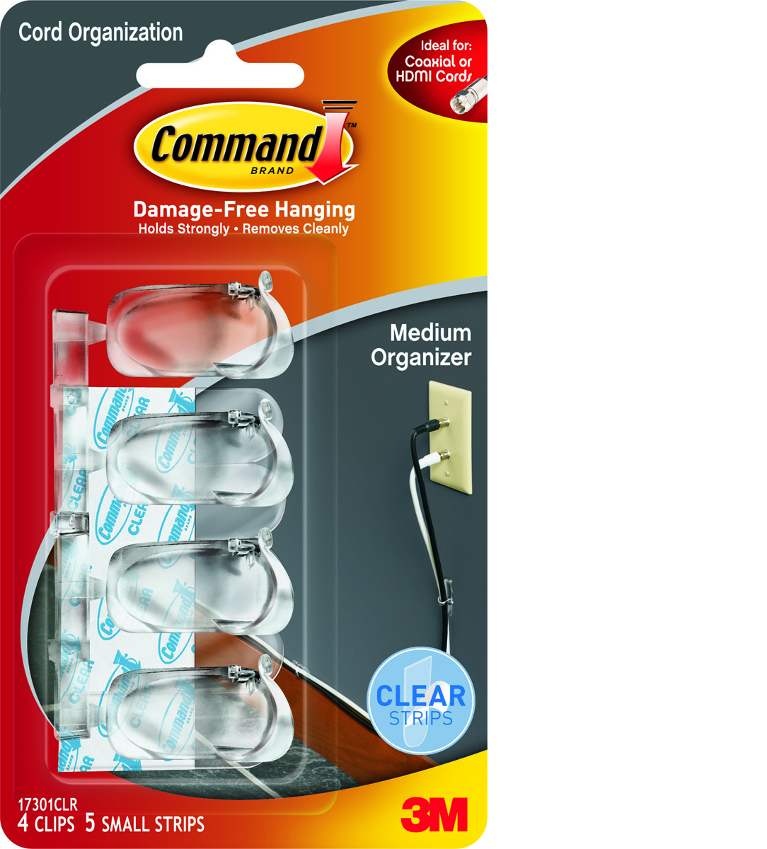 Command Cord Clips, Clear, Small, 4 Clips/5 Strips/Pack