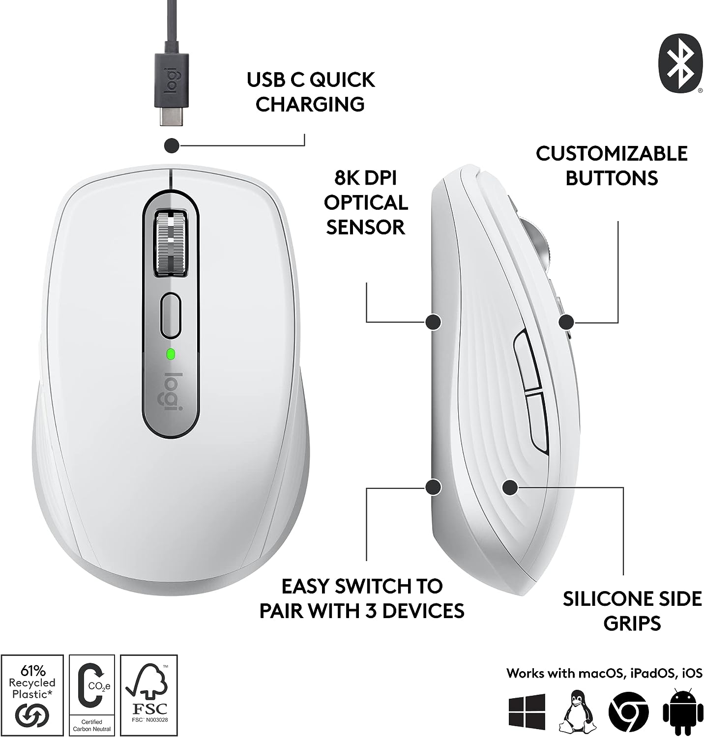 Logitech MX Anywhere 3S Compact Wireless Mouse, Fast Scrolling, 8K DPI  Any-Surface Tracking, Quiet Clicks, Programmable Buttons, USB C, Bluetooth