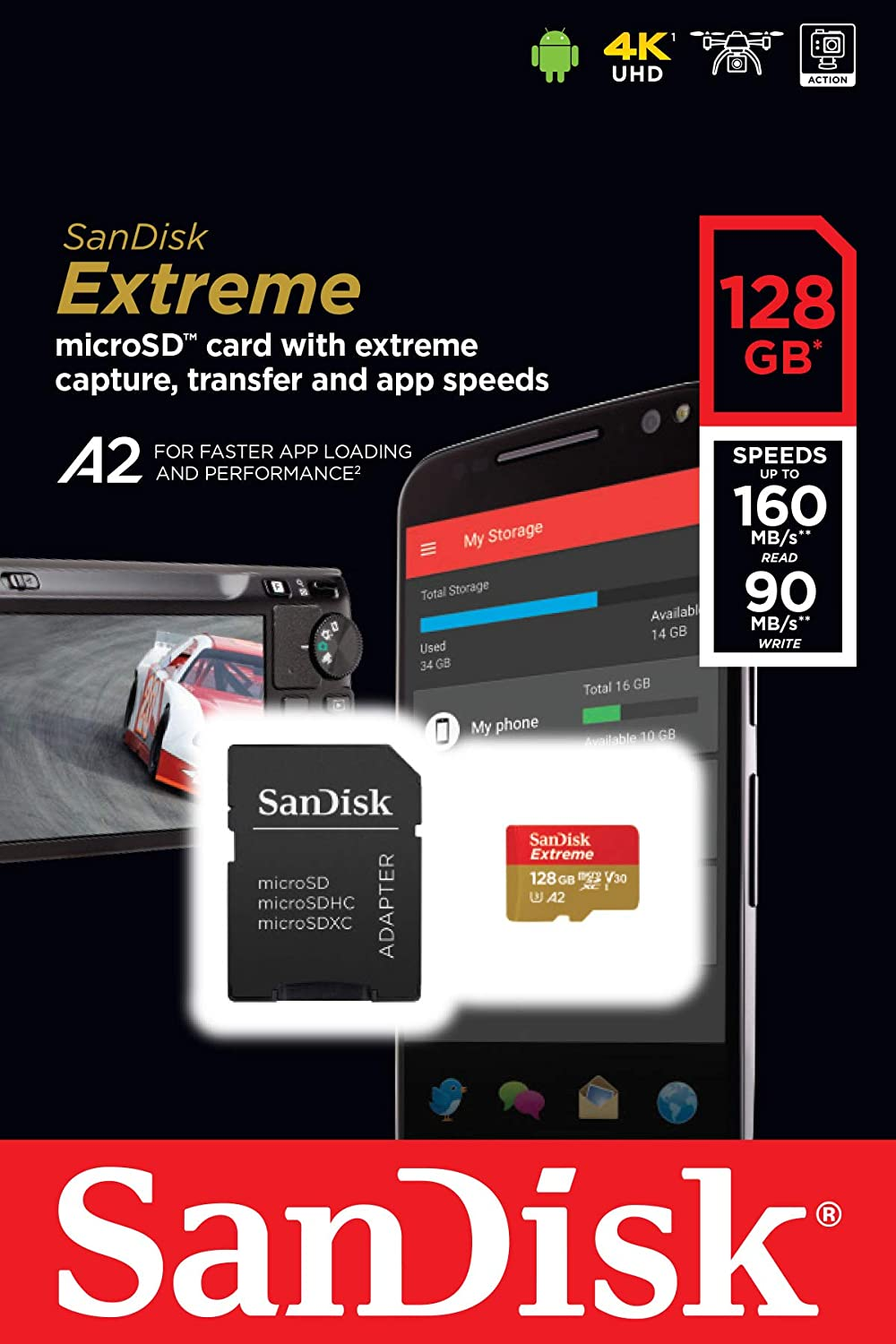 SanDisk Extreme Pro SDXC UHS-I U3 A2 V30 128GB + Adapter,  SDSQXCY-128G-GN6MA 